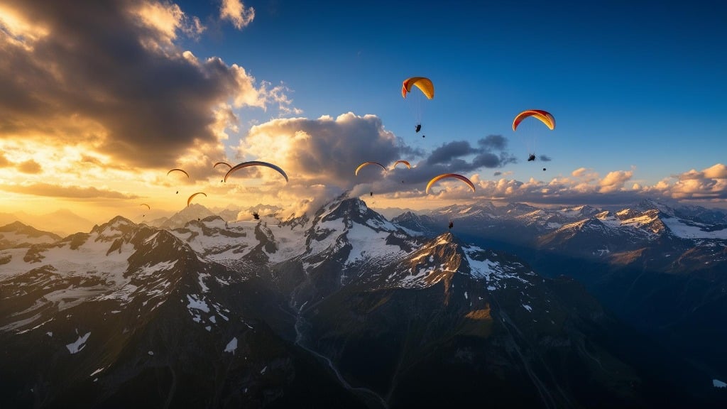Paragliders soaring over the French Alps at sunset