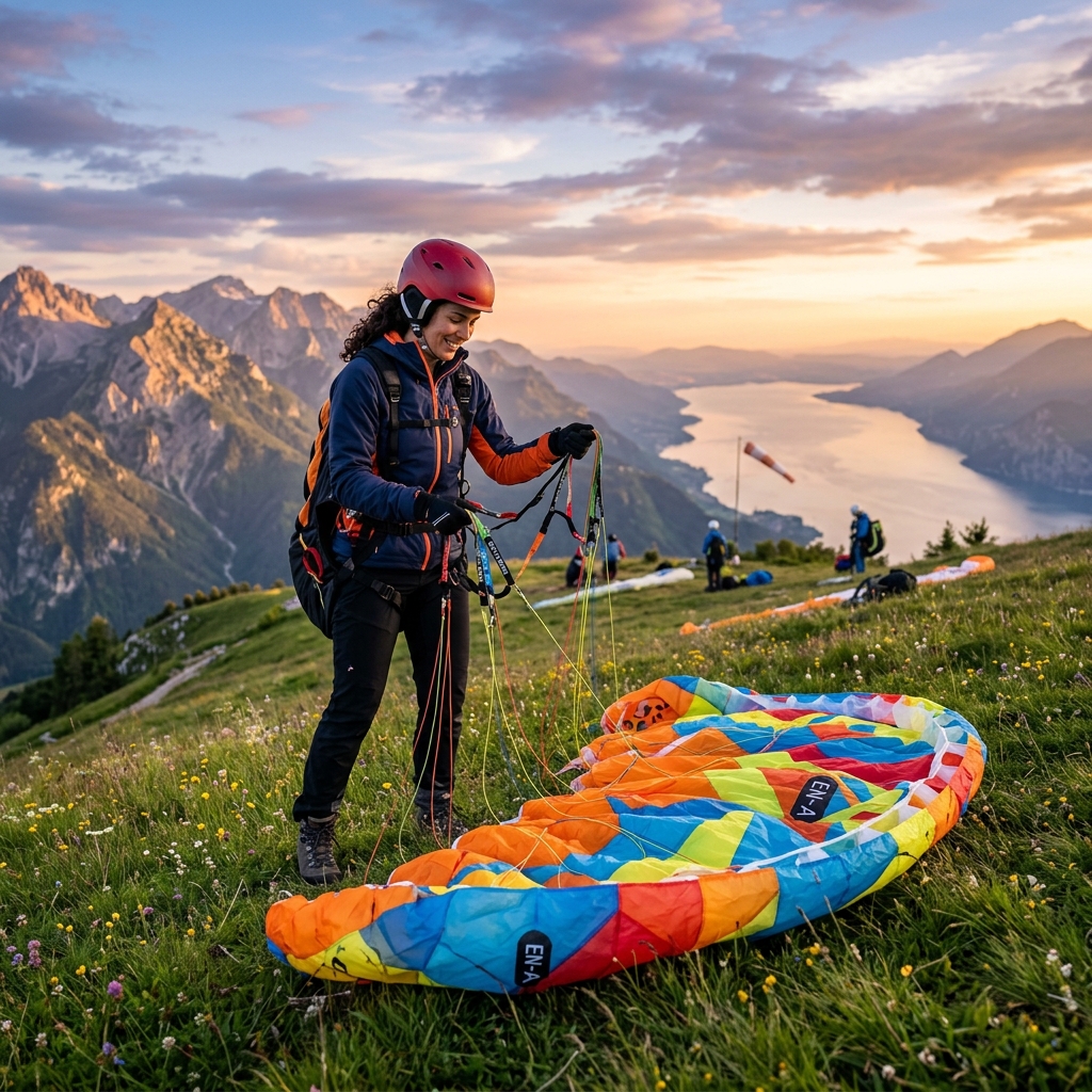 Pilote de parapente préparant sa première aile sur un site de décollage en montagne au coucher du soleil